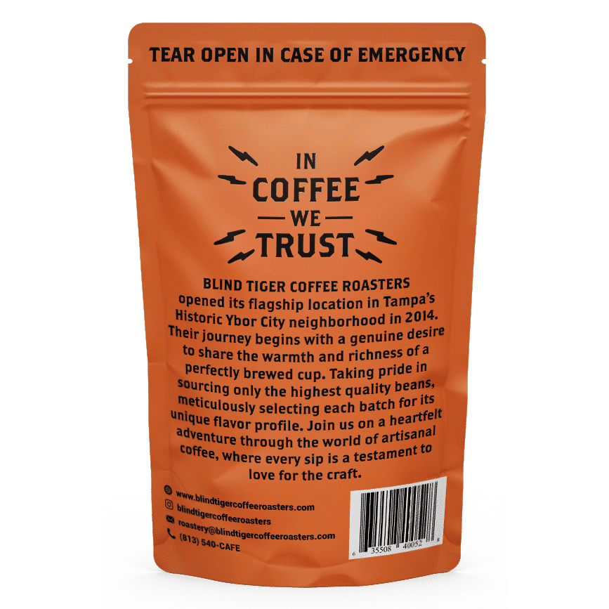 Orange coffee package with text and branding on a green background