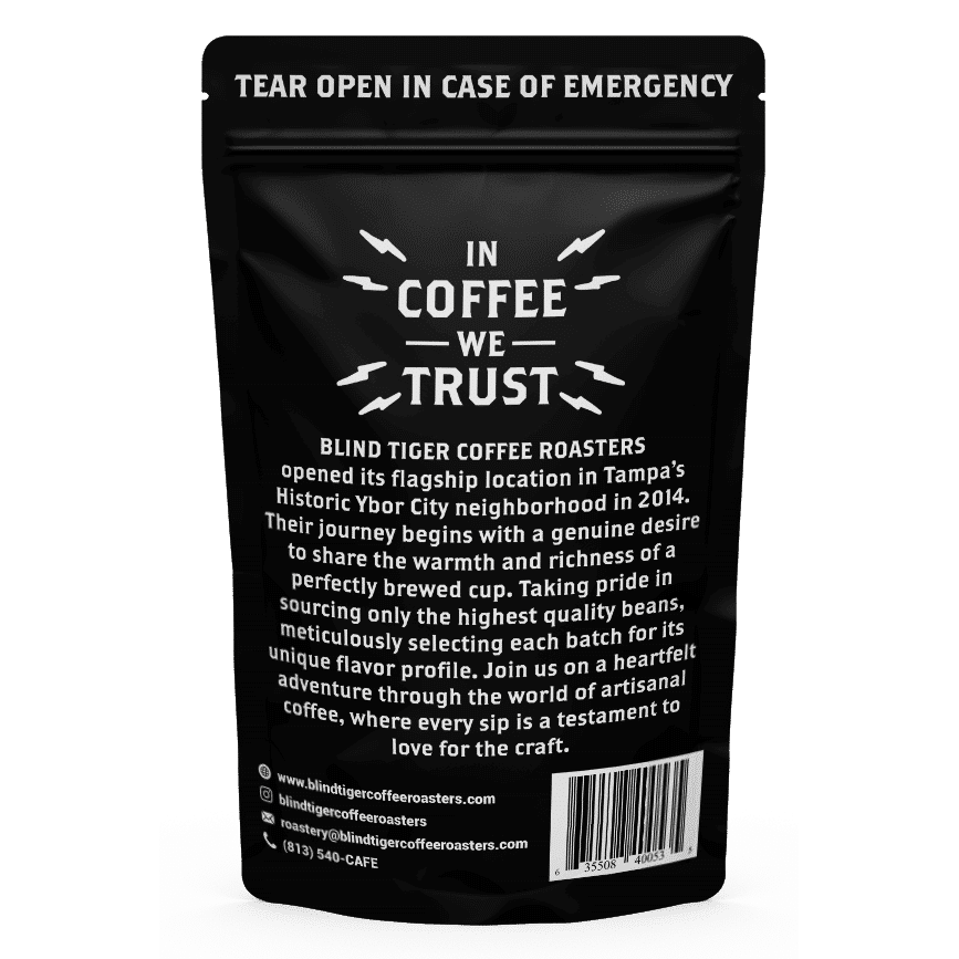 Black coffee bag with 'In Coffee We Trust' text and Blind Tiger Coffee Roasters branding.