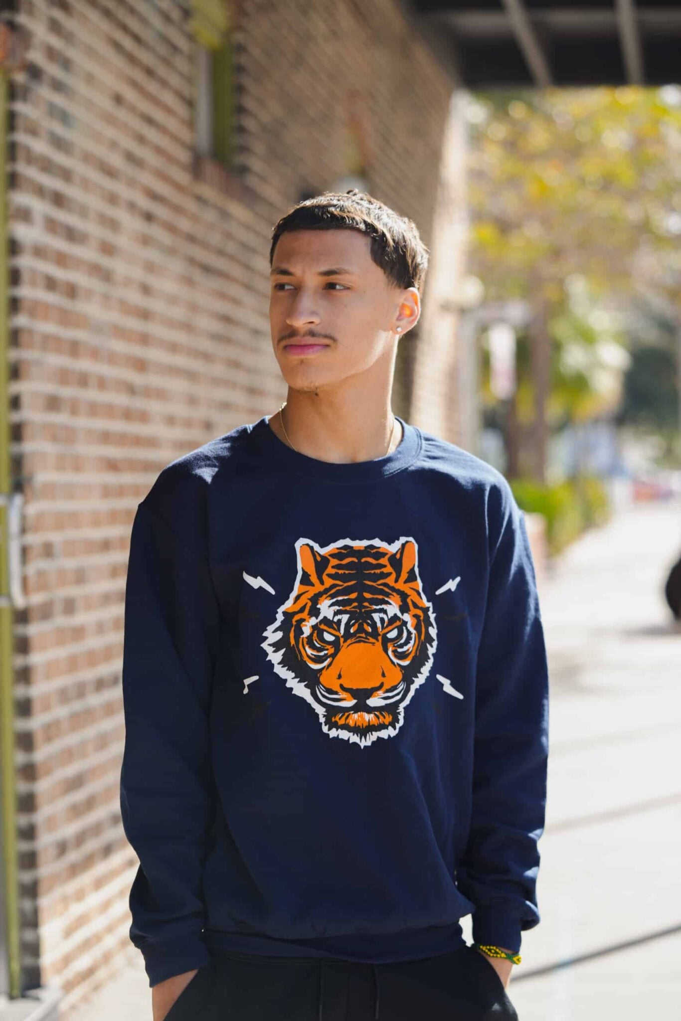 Person wearing a navy blue sweatshirt with a tiger graphic on a sidewalk.