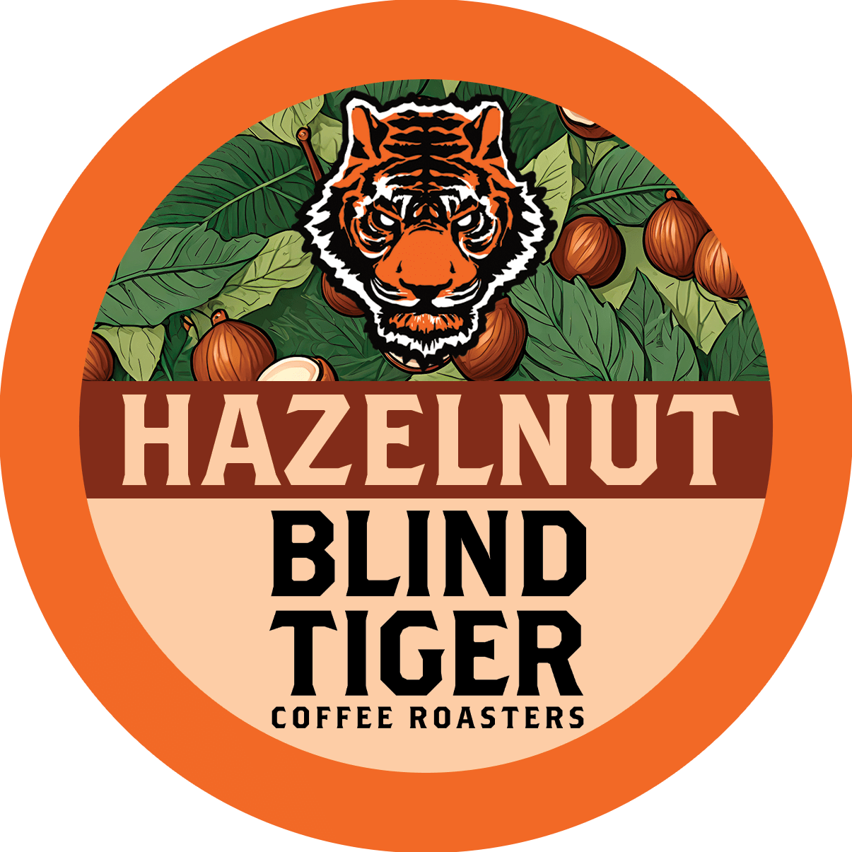 Label for Hazelnut Blind Tiger Coffee Roasters with a tiger illustration and coffee beans.