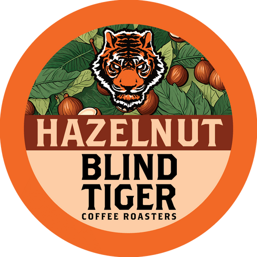 Label for Hazelnut Blind Tiger Coffee Roasters with a tiger illustration and coffee beans.