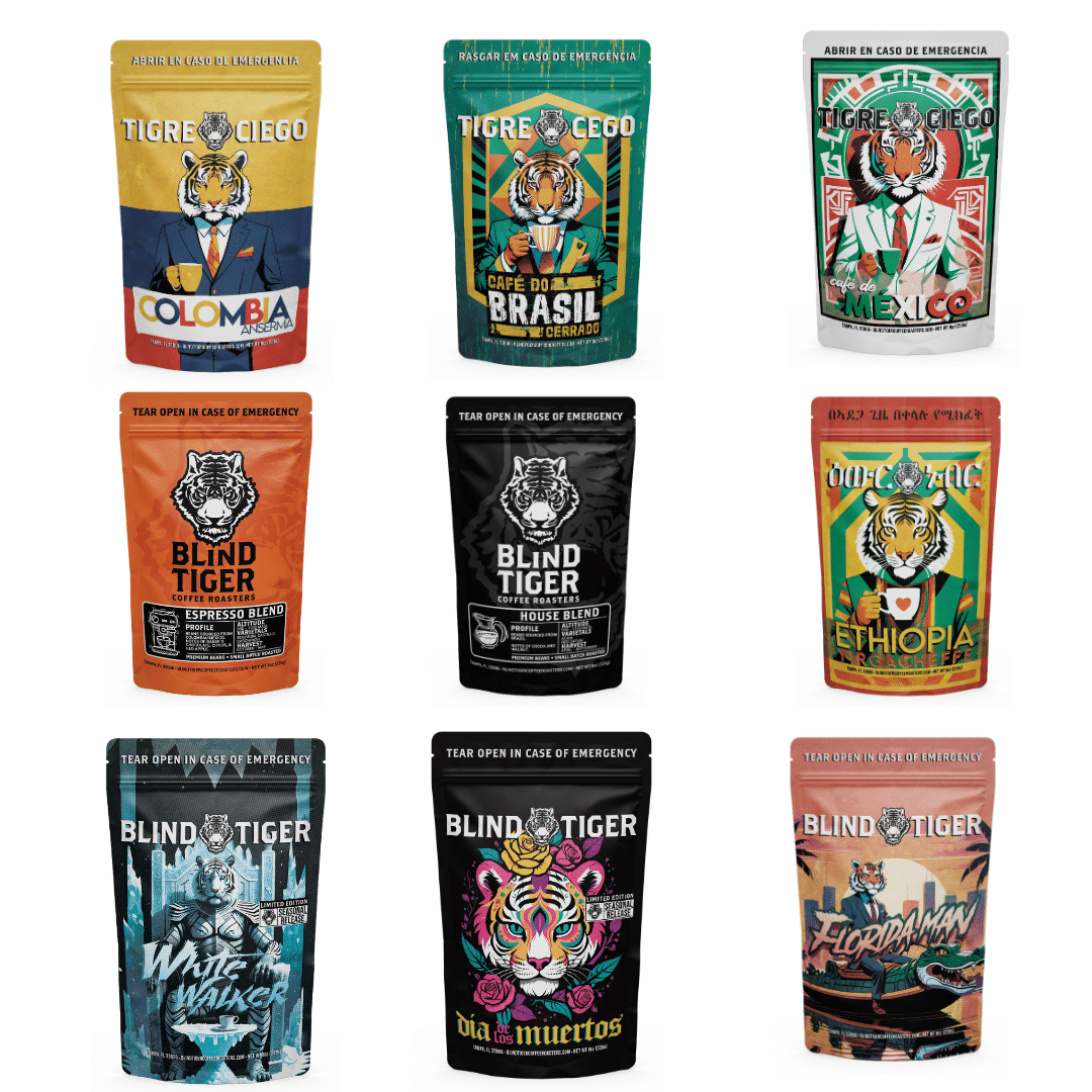 Collection of Blind Tiger coffee bags with various designs and text on a white background