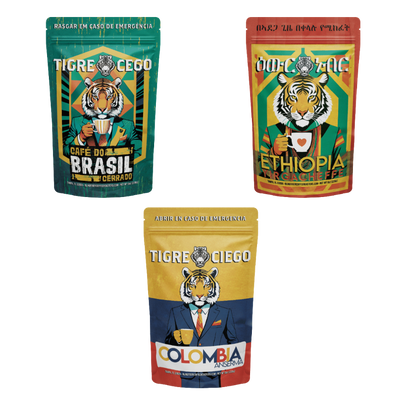 Three coffee packages with tiger illustrations and text on a white background