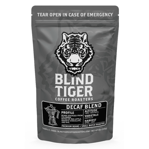 Coffee package labeled 'Blind Tiger Coffee Roasters' with a tiger logo on a green background