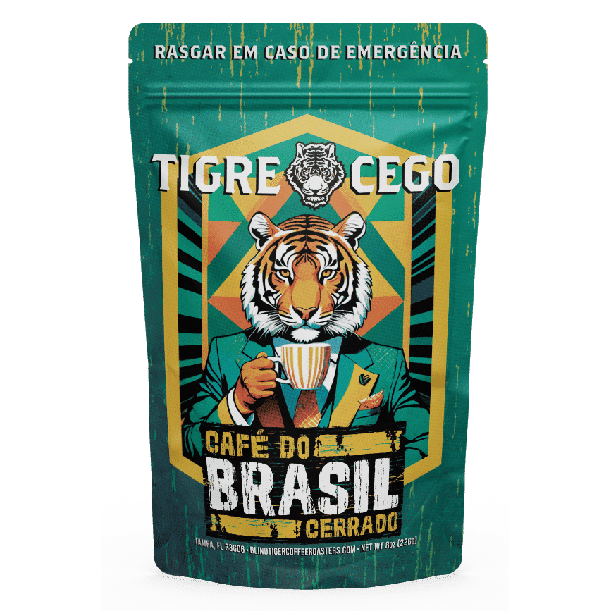 Café do Brasil Cerrado packaging with tiger illustration on a green background