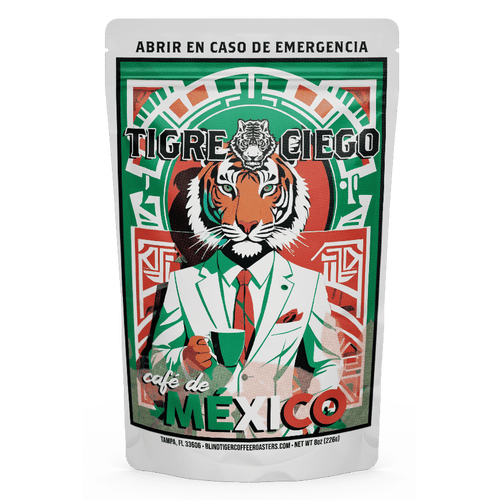 Café de México packaging with tiger design on a white background