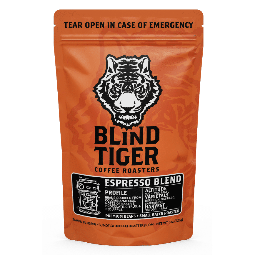 Orange package of Blind Tiger Coffee Roasters Espresso Blend with a tiger logo.