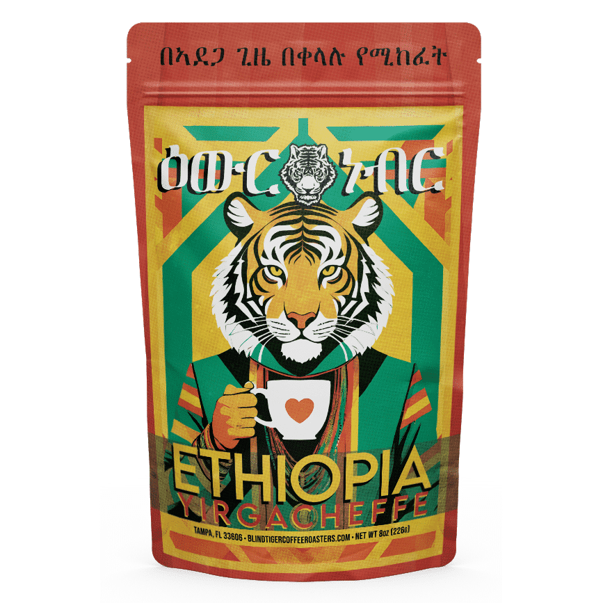Coffee package with a tiger design and 'Ethiopia Yirgacheffe' text on a green background