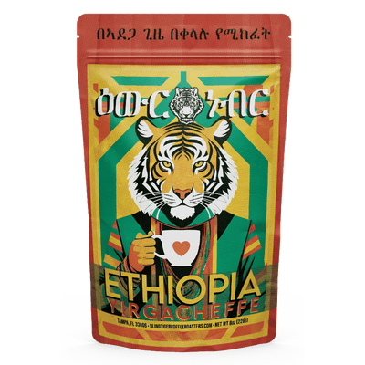 Coffee package with a tiger design and 'Ethiopia Yirgacheffe' text on a green background