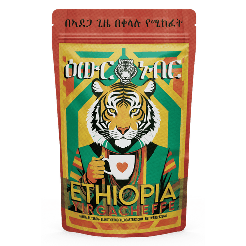 Coffee package with a tiger design and 'Ethiopia Yirgacheffe' text on a green background