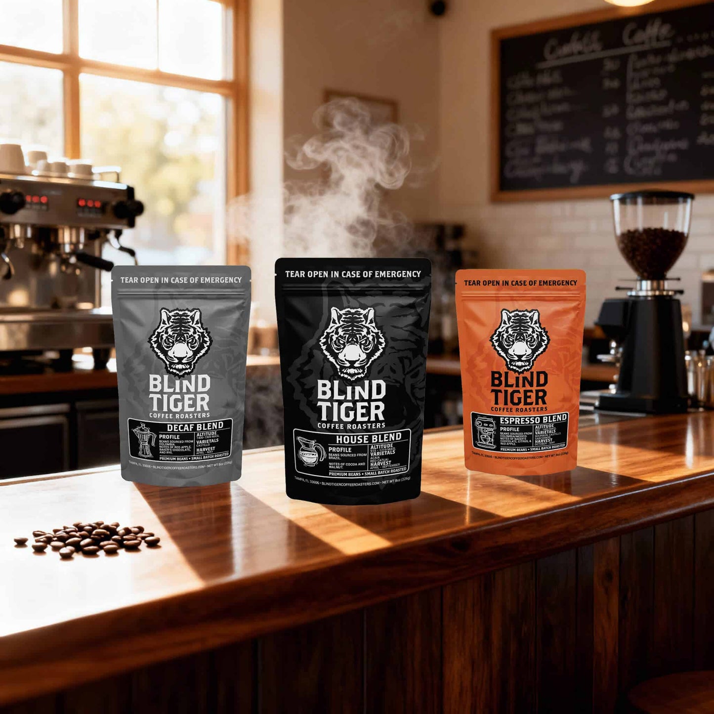 Three packages of Blind Tiger Coffee on a bar with coffee beans and a coffee machine in the background.