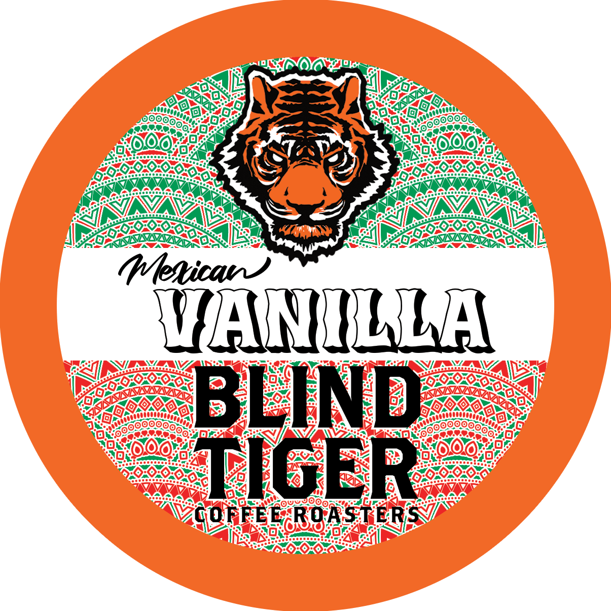 Label for 'Mexican Vanilla' coffee from Blind Tiger Coffee Roasters with a tiger design.