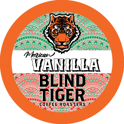 Label for 'Mexican Vanilla' coffee from Blind Tiger Coffee Roasters with a tiger design.