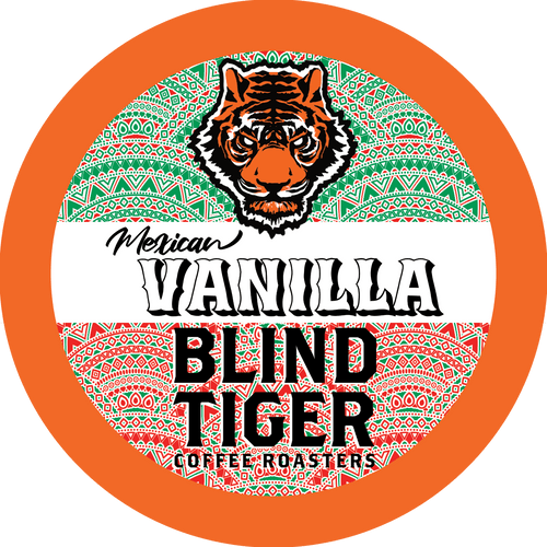 Label for 'Mexican Vanilla' coffee from Blind Tiger Coffee Roasters with a tiger design.