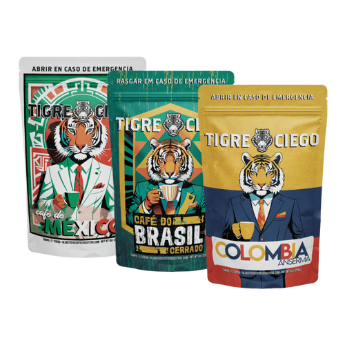 Three Tigre Ciego coffee packages from Mexico, Brazil, and Colombia on a white background