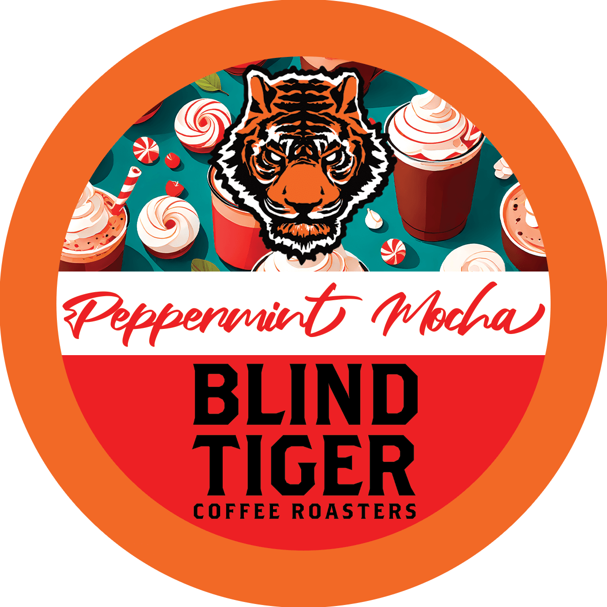 Blind Tiger Coffee Roasters Peppermint Mocha label with a tiger illustration and coffee cups.