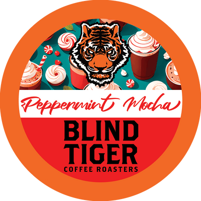 Blind Tiger Coffee Roasters Peppermint Mocha label with a tiger illustration and coffee cups.
