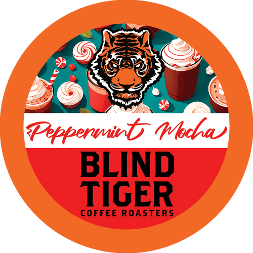 Blind Tiger Coffee Roasters Peppermint Mocha label with a tiger illustration and coffee cups.