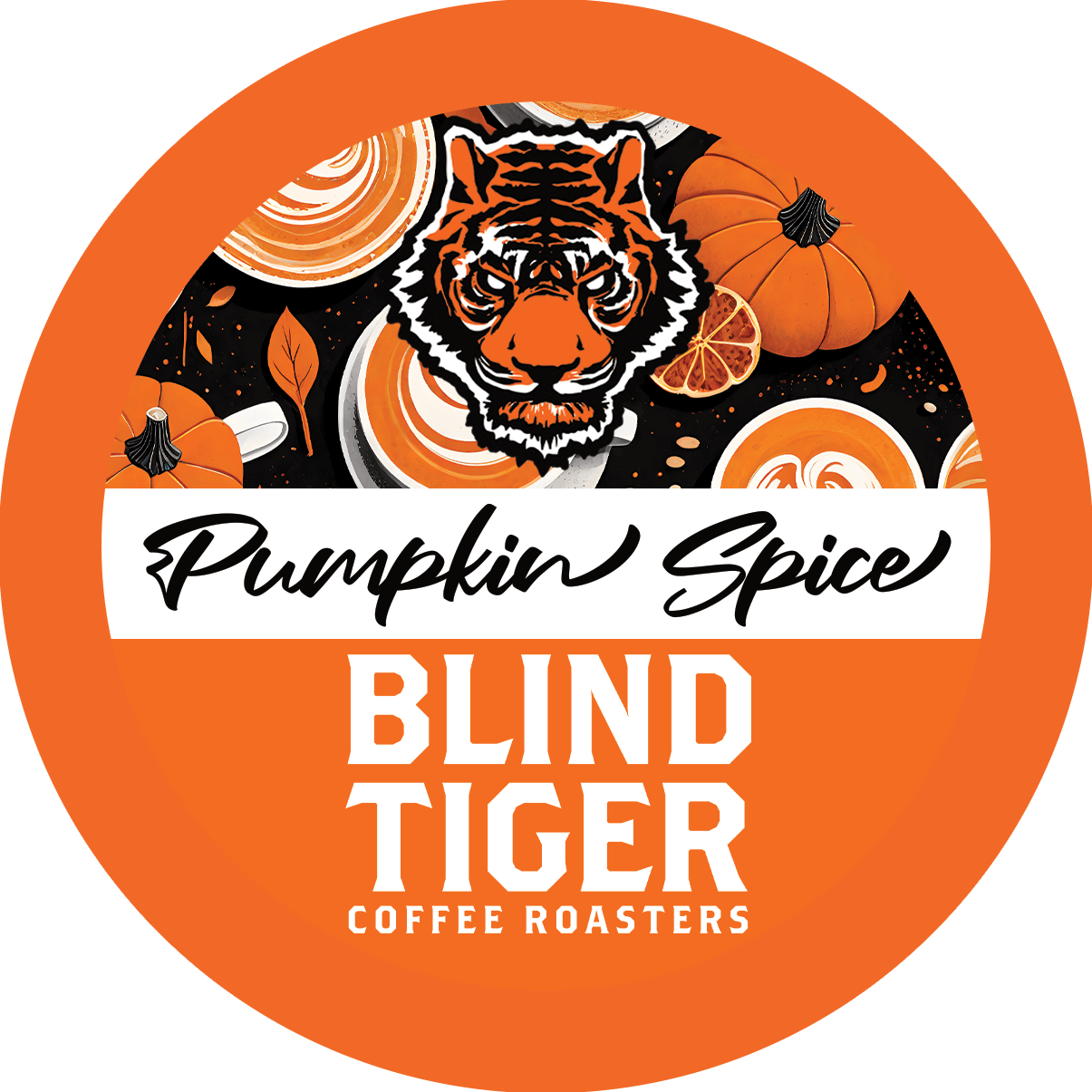 Pumpkin Spice Blind Tiger Coffee Roasters label with a tiger illustration on an orange background