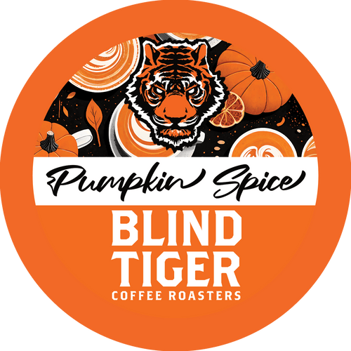Pumpkin Spice Blind Tiger Coffee Roasters label with a tiger illustration on an orange background