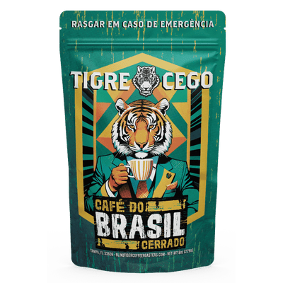 Café do Brasil Cerrado packaging with tiger illustration on a green background