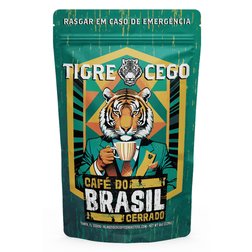 Café do Brasil Cerrado packaging with tiger illustration on a green background