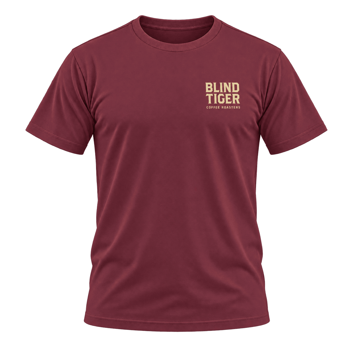 Blind Tiger Coffee Roasters T-Shirt in Garnet & Gold, front
