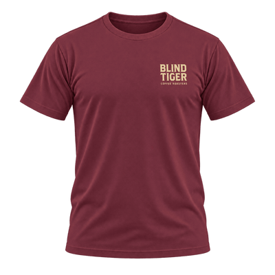 Blind Tiger Coffee Roasters T-Shirt in Garnet & Gold, front