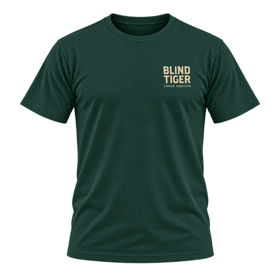 Blind Tiger Coffee Roasters T-Shirt in Green & Gold, front