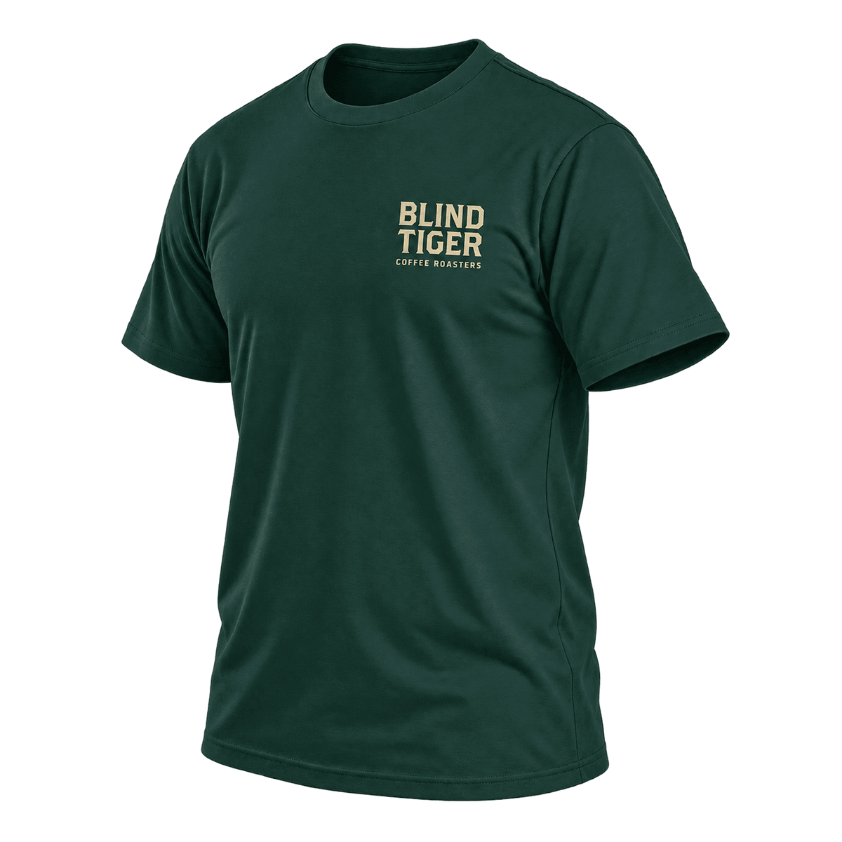 Blind Tiger Coffee Roasters T-Shirt in Green & Gold, front angled