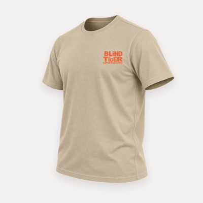 Blind Tiger DeBi ToMAR Mas CAFE t-shirt in tan, front angled