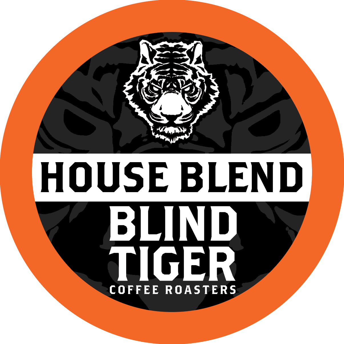 Logo of Blind Tiger Coffee Roasters with a tiger head and 'House Blend' text.