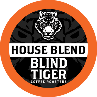 Logo of Blind Tiger Coffee Roasters with a tiger head and 'House Blend' text.