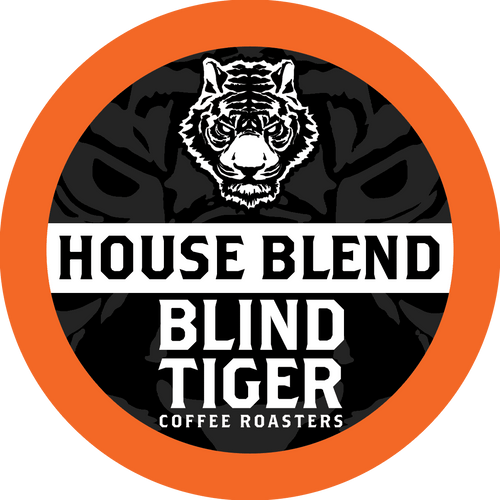 Logo of Blind Tiger Coffee Roasters with a tiger head and 'House Blend' text.
